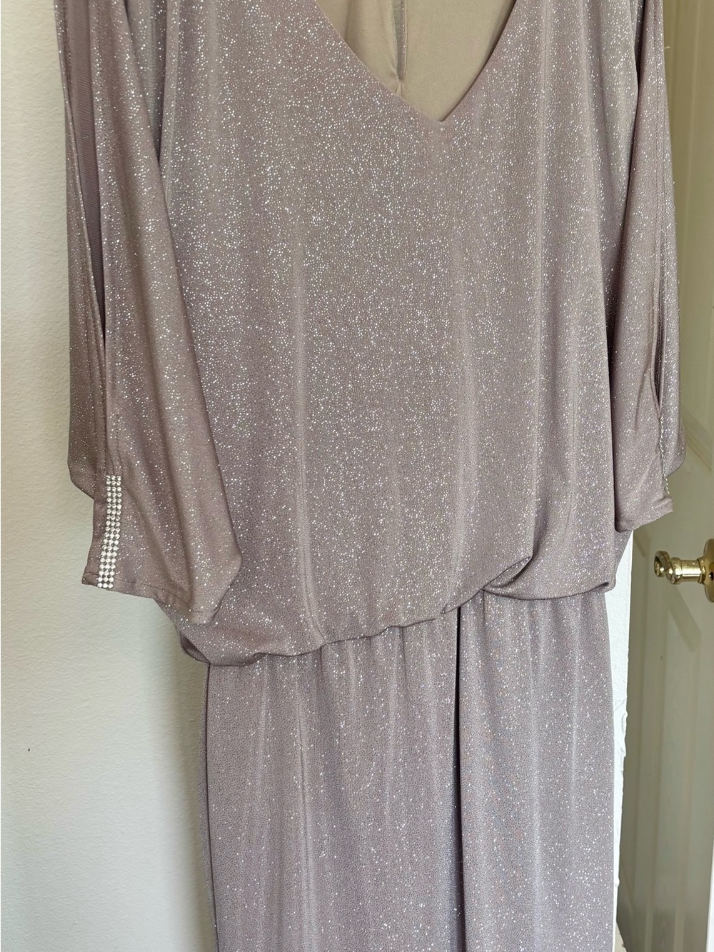 MSK Shimmery Taupe V-Neck Long Sleeve Evening Gown